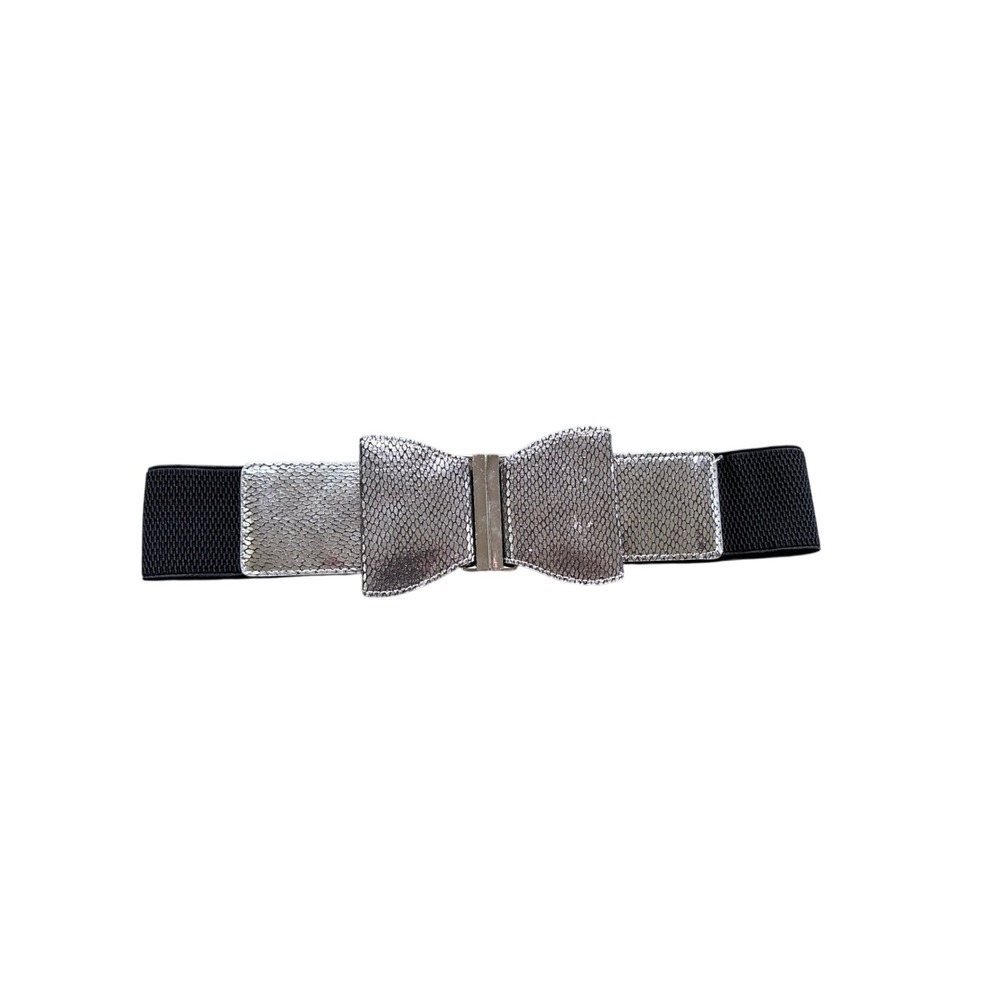 Vintage Metallic Silver Snakeskin Bow Elastic Cinch Belt Black Wide‎ Waist Belt